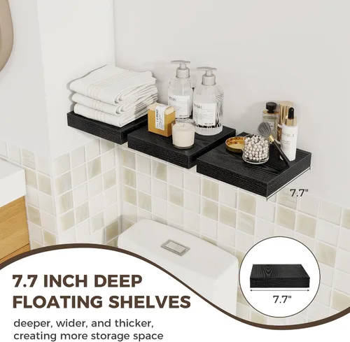 Vista 4 de Fun Memories Pequeños estantes flotantes para pared, estantes cuadrados de pared de 8 pulgadas con soportes invisibles, estantes negros para baño