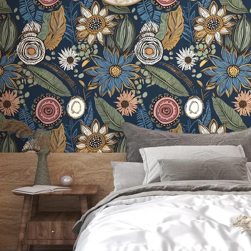 Vista 5 de Papel tapiz bohemio para despegar y pegar, papel de contacto floral vintage oscuro, papel de pared retro de flores botánicas autoadhesivo