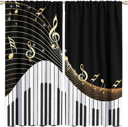 Vista 64 de Cortinas de notas musicales, blanco y negro, instrumento musical, canción, arte de canción, opacas, para ventana, dormitorio, sala de estar