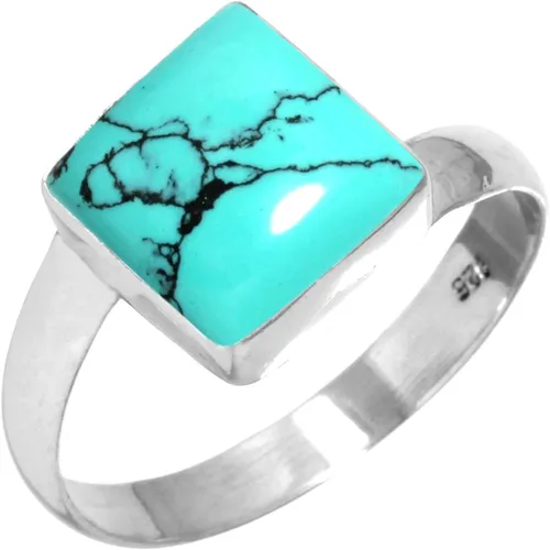 Vista 7 de Boho - Anillo de plata de ley 925 hecha a mano con piedras preciosas naturales, lapislázuli, granate, turquesa y cuadrado Ámbar
