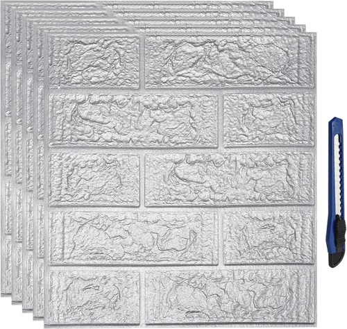 Vista 8 de uxcell Paneles de pared 3D para despegar y pegar, 30 piezas de papel tapiz de ladrillo de espuma para dormitorio, panel de pared de piedra Blanco