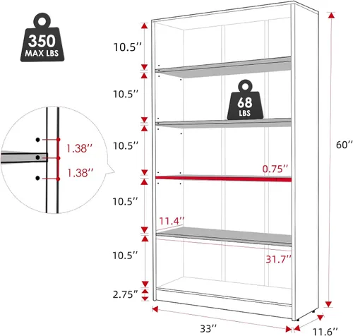 Vista 3 de Stary Estantería negra de 5 estantes de madera de 60 pulgadas de alto para dormitorio