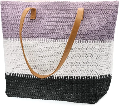 Vista 93 de Bolso grande de paja para mujer, tejido de ratán, bolso de playa de verano, a rayas