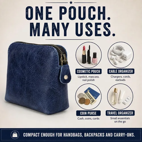Vista 4 de Bolsas de Cosméticos de Cuero Azul Para Mujeres Juego de Viaje – Monedero con Cremallera Hecho a Mano Juego de Bolsas de Maquillaje Azul Pequeñas