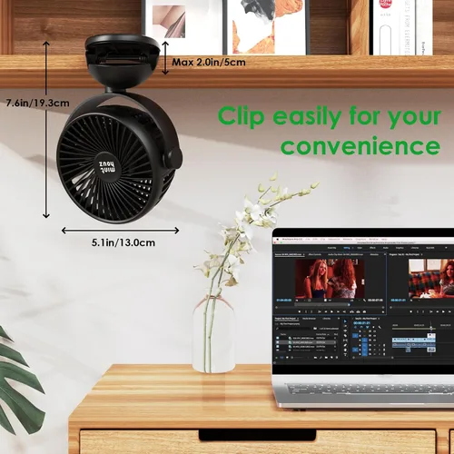Vista 8 de Minthouz Ventilador de clip, ventilador de escritorio pequeño recargable USB-C de 8000 mAh, ventilador de escritorio pequeño de 4 velocidades