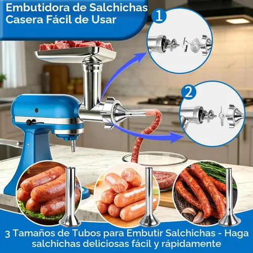 Vista 3 de KitchenAid - Molinillo de carne para batidora de pie, molinillo de alimentos de acero inoxidable con 3 tubos de relleno de salchichas, 4 placas
