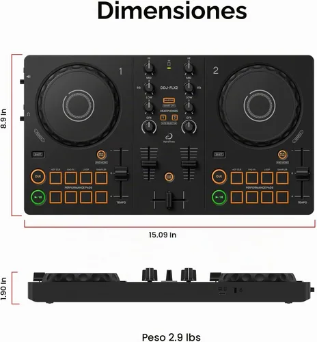 Vista 7 de Pioneer DJ AlphaTheta DDJ-FLX2 Controlador de DJ compacto de 2 canales con soporte para laptop, auriculares y paño de pulido Austin Bazaar