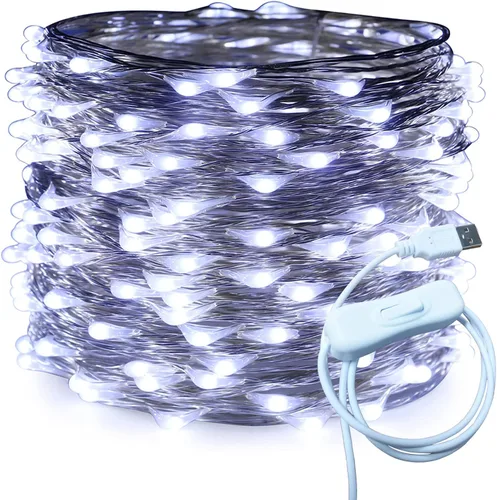 Vista 11 de RUICHEN Cable plateado de 33 pies con 100 luces LED USB con interruptor de encendido/apagado (blanco cálido)