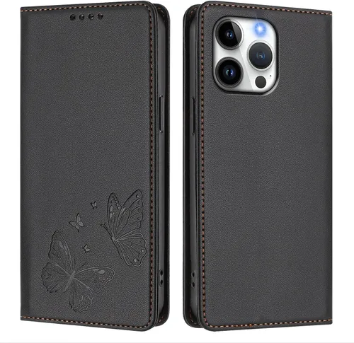 Vista 4 de Butterfly Embossed Leather Wallet Flip Case for Motorola Moto E22i 4G, Magnetic Closure, RFID Blocking Cover, Card Holder Black.