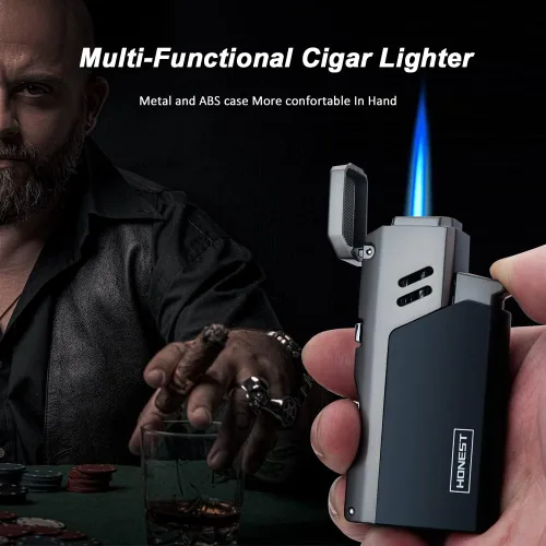 Vista 6 de PROMISE Jet Torch - Encendedor de puros, llama ajustable, recargable con butano, para exteriores (negro)