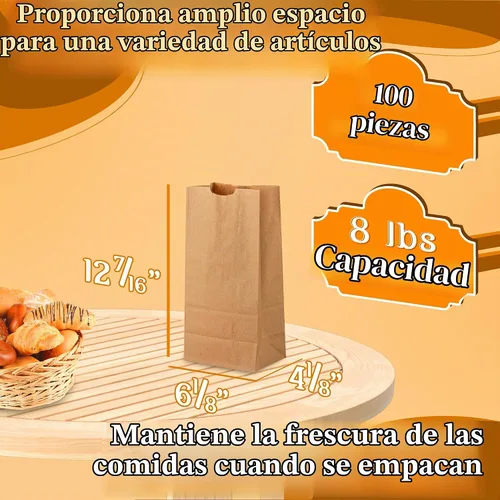Vista 2 de MT Products Bolsas de papel kraft de 8 libras. Bolsas de almuerzo de papel desechables perfectas para ir de compras - Paquete de 100 Marrón