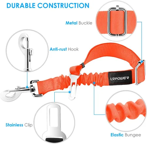 Vista 2 de URPOWER Paquete de 2 cinturones de seguridad para perro, arnés retráctil para automóvil, cinturón de seguridad ajustable para mascotas con Naranja