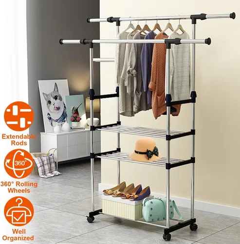 Vista 2 de Perchero de doble barra para colgar ropa, estante portátil para armario de carga máxima de 77 libras, perchero de metal resistente para dormitorio
