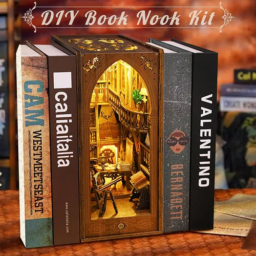 Vista 2 de Kit de Rincón de Libros, MOJINO Rompecabezas 3D en Miniatura DIY Sujetalibros de Madera Casa de Muñecas con Luces LED para Decoración de Estantería