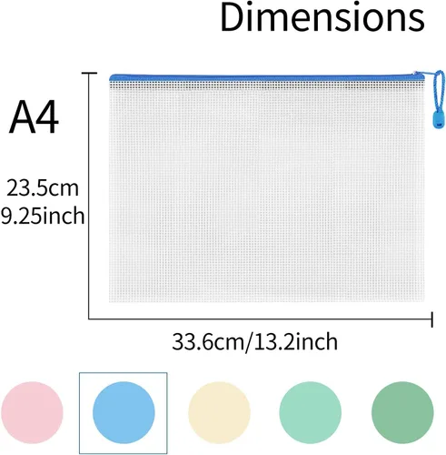 Vista 2 de Toplive 10 bolsas de malla con cremallera, A4, impermeables, con cremallera, bolsa de plástico de 5 colores para documentos para almacenamiento