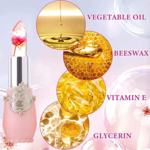 Vista 3 de 2 lápices labiales de gelatina de flores de cristal, lápiz labial transparente con flor en el interior, bálsamo labial teñido que cambia