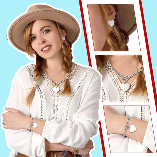 Vista 2 de Juego de 3 piezas de joyería de corazón, collar con dije de corazón, collar de cadena de corazón, pulsera de corazón, aretes de tuerca de acero