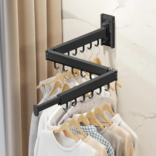 Vista 7 de Estante de secado de ropa montado en la pared, estante de secado de ropa plegable, estante de secado plegable retráctil para colgar ropa