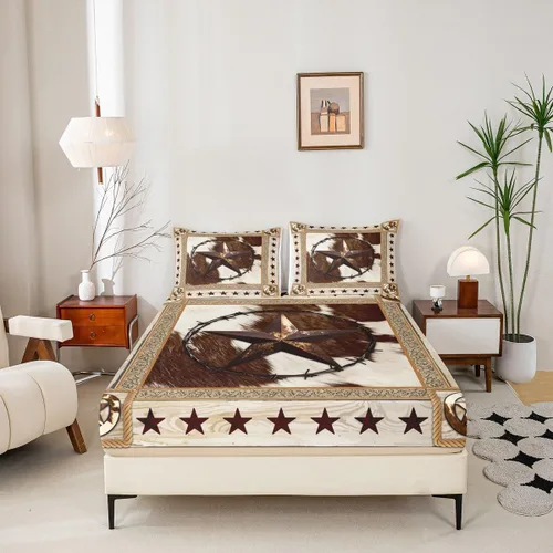 Vista 4 de Sábana bajera ajustable para niños con estampado de piel de vaca rústica, tamaño individual, juego de ropa de cama de tablones de madera vintage