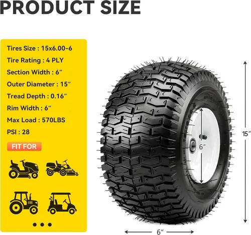 Vista 5 de YITAMOTOR 15x6.00-6 Neumáticos y ruedas para cortacésped, cubo centrado de Diámetro del rodamiento de 3/4", neumáticos tipo tubo delantero de 4
