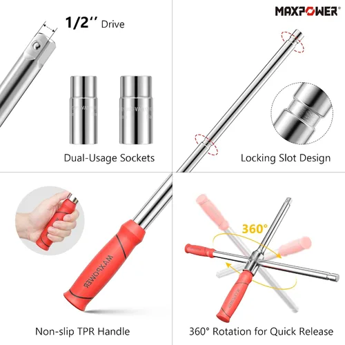 Vista 3 de MAXPOWER Llave para ruedas, Llave de neumático con transmisión de 1/2 pulgada y 2 piezas de llaves estándar (17 mm/19 mm, 21 mm/23 mm), Llave