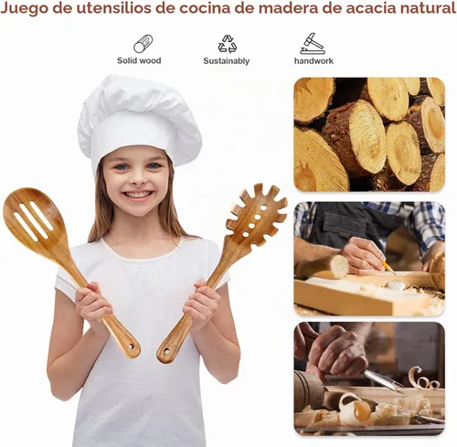 Vista 8 de Utensilios de cocina de madera, 6 piezas de cucharas de madera de acacia natural para cocinar con diseño antiadherente y resistente al calor, juego