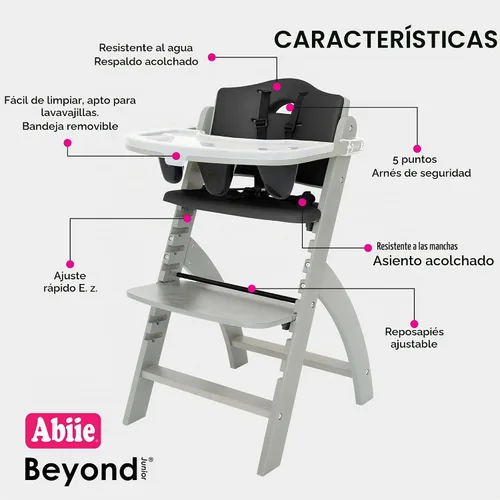 Vista 2 de Abiie Beyond Junior Convertible Wooden High Chair with Removable Tray Cojín de madera gris brumosa - Perla negra