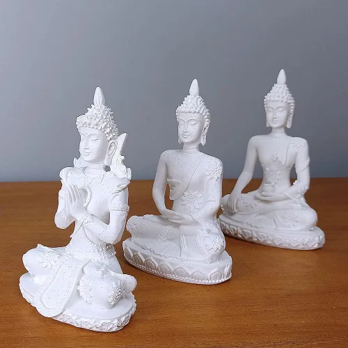 Vista 2 de HYFAN Estatua armoniosa de meditación de Buda de piedra arenisca para manualidades, escultura de Feng Shui, decoración para el hogar, oficina