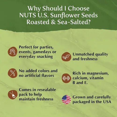 Vista 5 de NUTS U.S. - Semillas de girasol, tostadas y saladas al mar, sin colores añadidos y sin sabores artificiales, empaquetadas y cultivadas en Estados