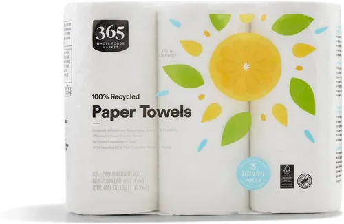 Vista 5 de 365 by Whole Foods Market, Toallas de papel jumbo 100% recicladas, ultra fuertes, 135 hojas por rollo, 1 unidad