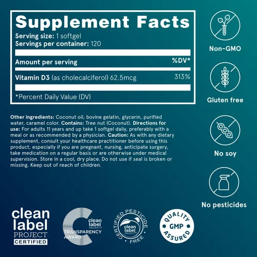 Vista 4 de Puori Cápsulas blandas de vitamina D3, 2500 UI (62.5 mcg) – Suplementos de vitamina D3 de rápida absorción para apoyo del sistema inmunológico