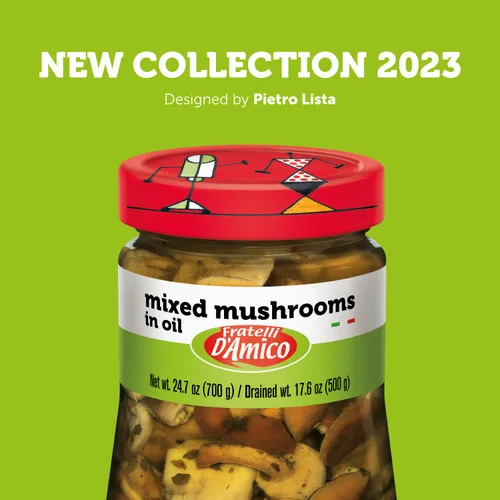 Vista 3 de FRATELLI D'AMICO Setas mixtas en aceite, tamaño familiar, 24.7 oz (700 g) Italian Appetizer in Designer Jar with 6 Varieties of Mushrooms in Oil