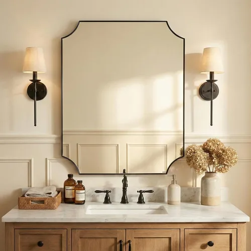 Vista 27 de ANDY STAR Espejo de baño de bronce cepillado, espejo festoneado de 24 x 36 pulgadas para baño, espejo rectangular de bronce antiguo con marco