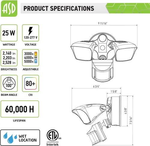 Vista 2 de ASD Luz LED de seguridad para exteriores de 25 W, 2500 lm, luz de inundación con sensor de movimiento, 3000 K/4000 K/5000 K, IP65 impermeable