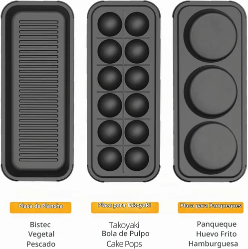 Vista 3 de Plancha eléctrica multifuncional con parrilla eléctrica antiadherente para hornear con 3 sartenes intercambiables para takoyaki, cake pop/ mini