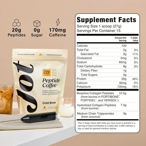 Vista 3 de NUEVO Jot - Café en polvo de colágeno con impulso y beneficios, 0.71 oz de péptidos de colágeno hidrolizados y 170 mg de cafeína, café en polvo