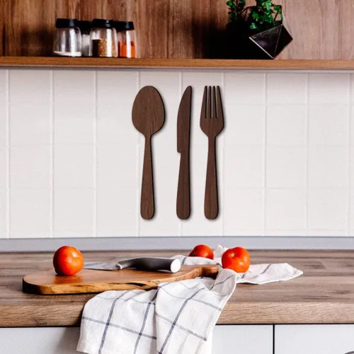 Vista 5 de DOITOOL 1 juego de utensilios de cocina de madera rústica para decoración de pared, con encantador, tenedor, cuchara y cuchillo, decoración