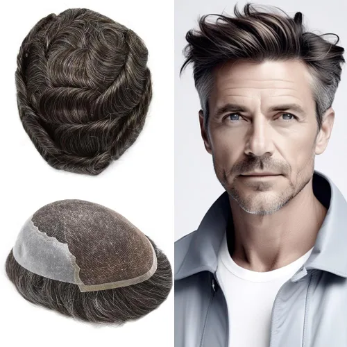 Vista 78 de Mens Toupee Human Hair Replacement System Swiss Lace Toupee For Men Hair Piece Protesis Capilar Mens Hairpiece 5X7#1 Jet Black 120% Density
