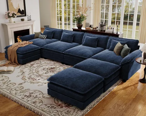 Vista 124 de Sofá modular de gran tamaño de 154 pulgadas, cómodo sofá en forma de U con 3 otomanas móviles, sofá moderno de felpilla de 7 plazas para sala