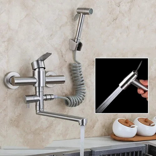Vista 2 de Grifo de montaje en pared con pistola pulverizadora, fregadero de cocina, acero inoxidable cepillado, válvula de mezcla de agua caliente y fría