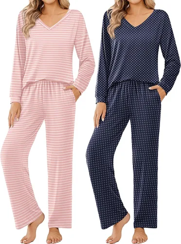 Vista 11 de Ekouaer Conjunto de 2 pijamas para mujer, pijamas de manga larga con camiseta y pantalones, cuello en V, pijamas suaves con bolsillos, ropa