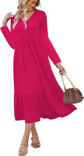Vista 3 de Paintcolors Vestido largo casual de manga larga con cuello en V para mujer, vestido escalonado, color sólido, holgado, con vuelo, vestido midi