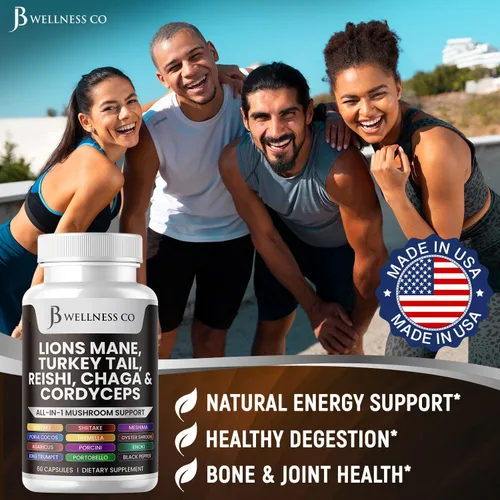 Vista 5 de JB Wellness Co Suplemento de melena de león, apoyo cognitivo, salud inmunológica con cola de pavo 20 en 1, hongo Reishi Cordyceps Chaga con raíz