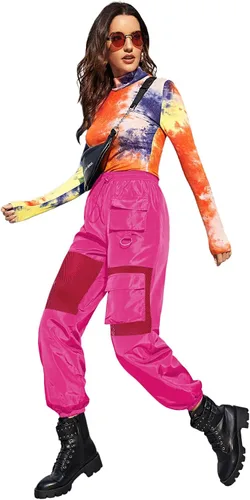 Vista 5 de Floerns Pantalones cargo deportivos de cintura alta con cordón en contraste de malla para mujer