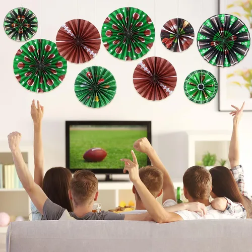 Vista 4 de Outus 9 piezas de decoración de fiesta de fútbol para colgar abanicos de papel de fútbol, béisbol, aula, decoración de pared de techo para deportes