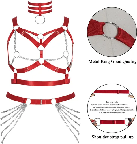 Vista 3 de Arnés de cuerpo de talla grande para mujer gorda y niña, cadena de metal, hueco completo, sujetador de jaula, medias de pierna, liguero, ropa gótica