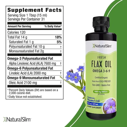 Vista 2 de NaturalSlim Aceite de linaza líquido de sabor fresco, aceite de lino orgánico prensado en frío y alto en Omega 3 6 9 ácidos grasos, suplemento