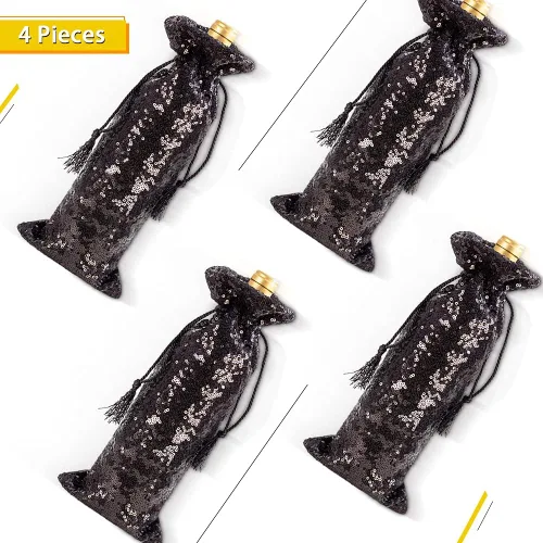 Vista 2 de Eternal Beauty 4 bolsas de vino con cordón, cubierta de botella de lentejuelas para bodas de cumpleaños (14 x 6 pulgadas, negro)
