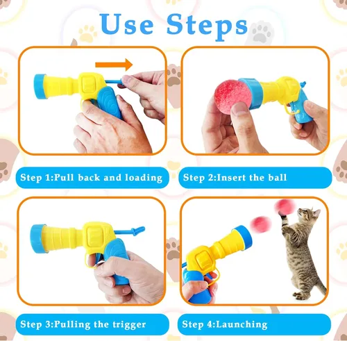 Vista 4 de 2 lanzadores de juguetes para gatos y 100 pelotas de pompón para gatos, lanzador de pelotas de juguete para gatos, juguete interactivo