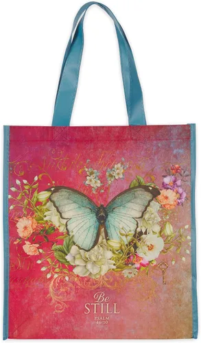 Vista 14 de Christian Art Gifts Bolsa de compras reutilizable floral Bumble Bee Versículo bíblico de fe, multicolor, Romanos 5:1, fácil de sostener, bolso Verde